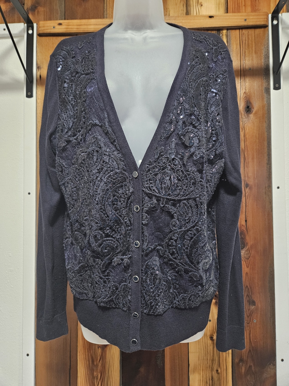 New York & Company Navy Embellished V-Neck Cardigan